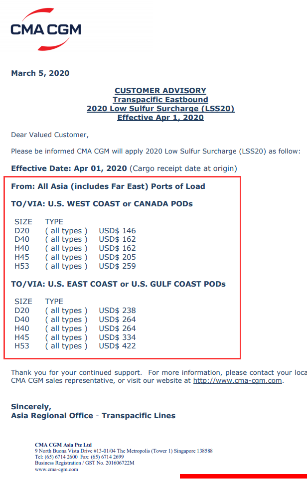 上海國際快遞-圖：CMA達(dá)飛關(guān)于2020低硫附加費LSS以及燃油附加費BAF調(diào)整通知