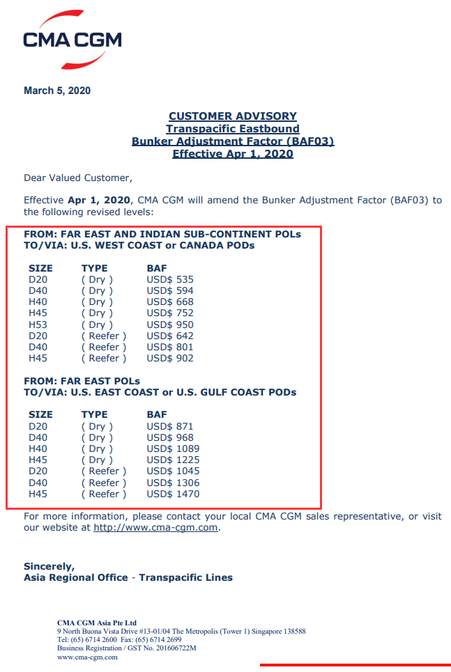 上海國際快遞-圖：CMA達(dá)飛關(guān)于2020低硫附加費LSS以及燃油附加費BAF調(diào)整通知